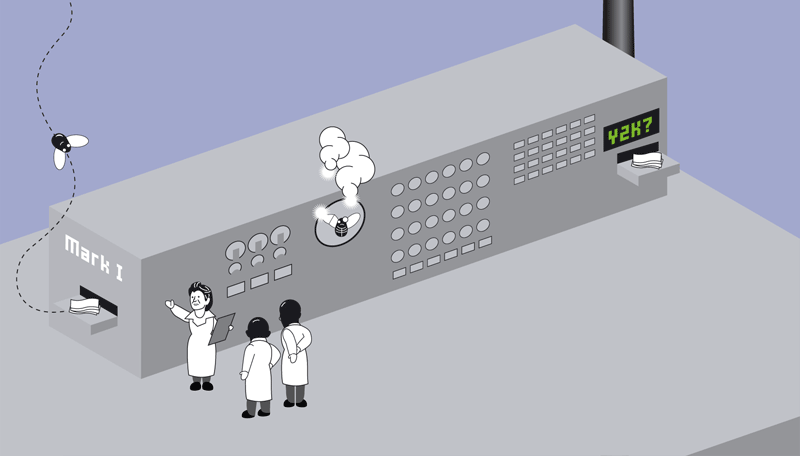 Grace steht vor einem riesigen Computer der raucht. Auf dem Display steht Y2K?